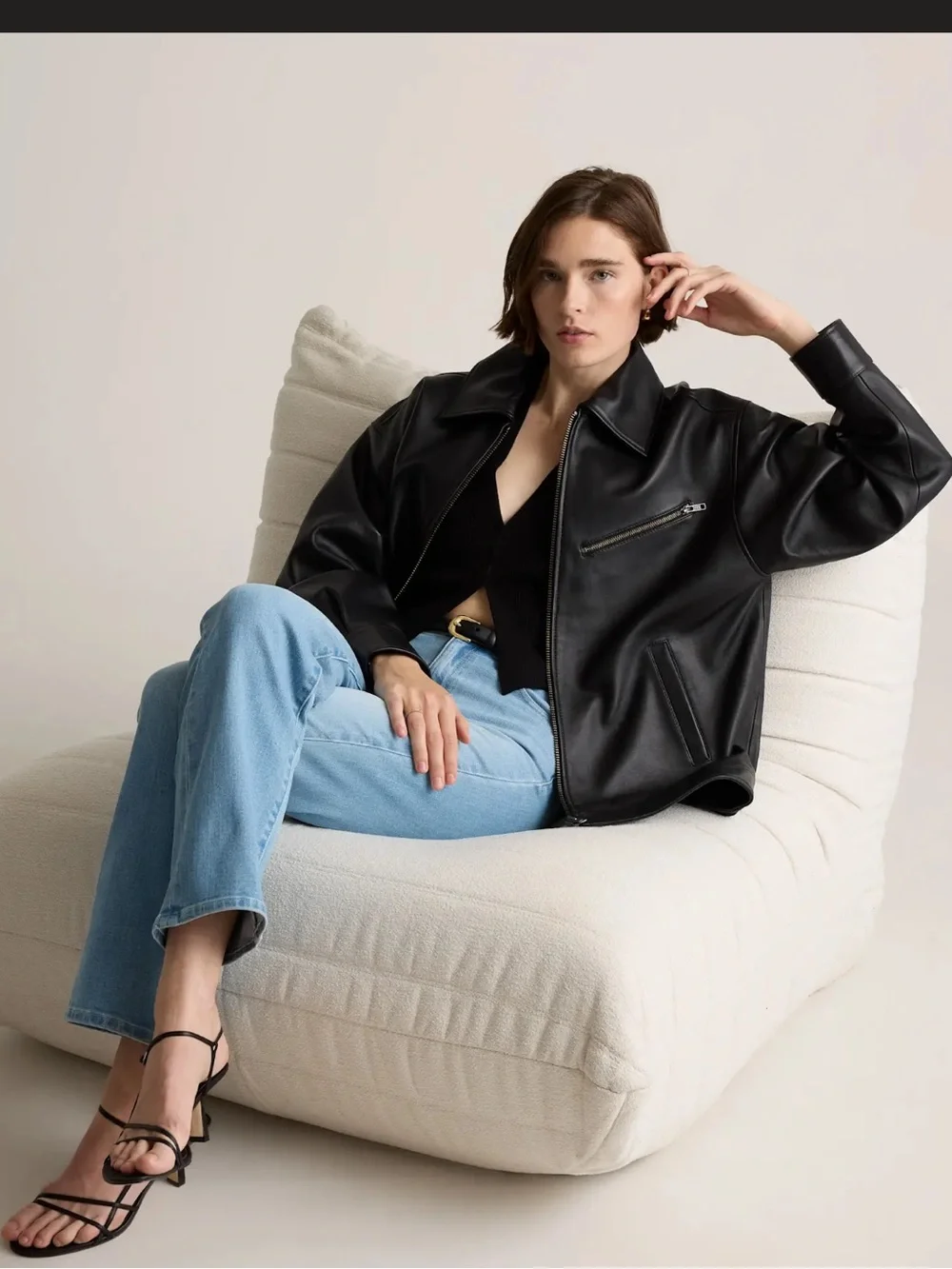 Quince Oversized Leather Bomber Jacket - True Black, Size Medium - Picture 5 of 5